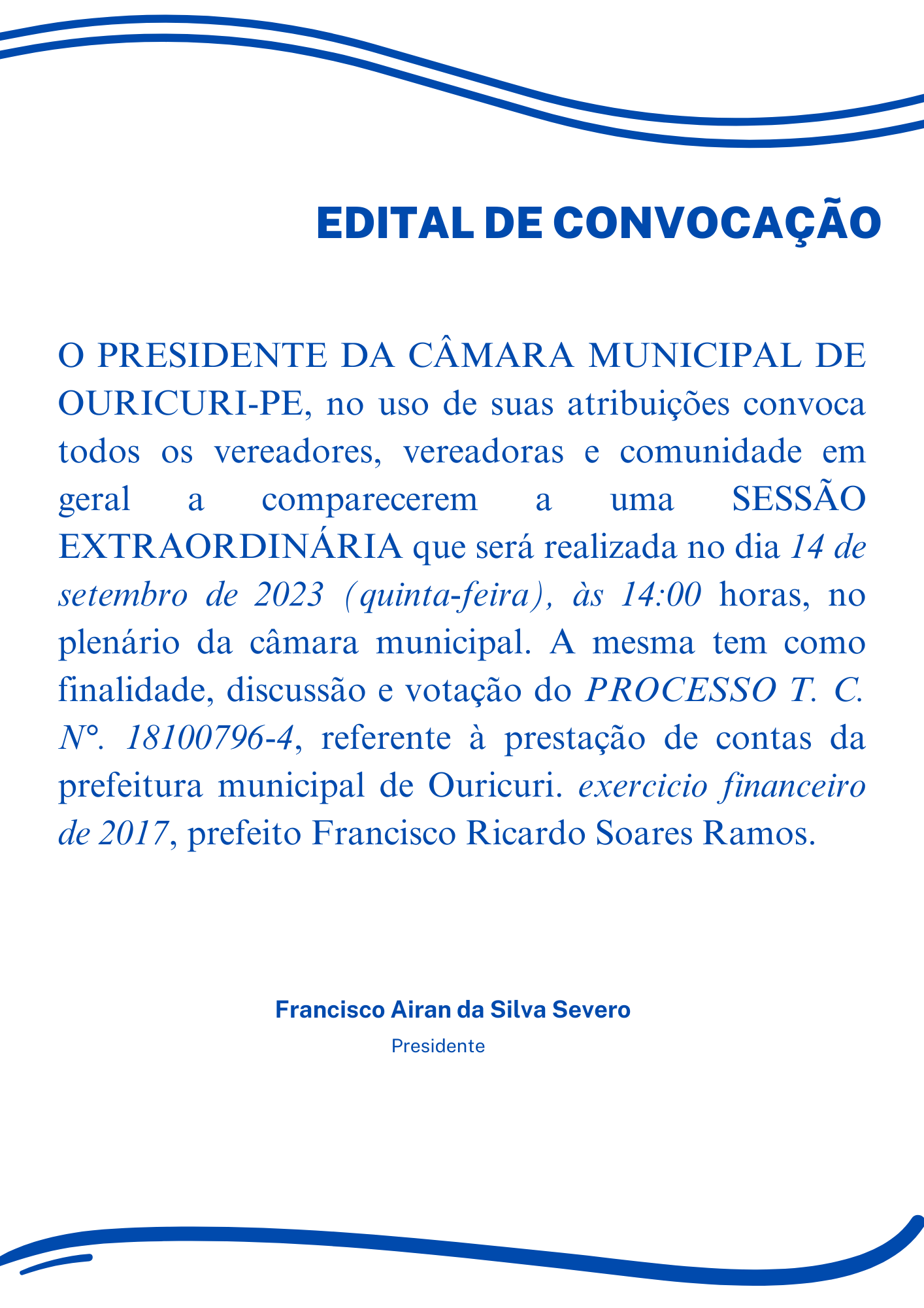Edital de Convocação. discussão e votação do Proceo TCE_PE contas municipais 2017